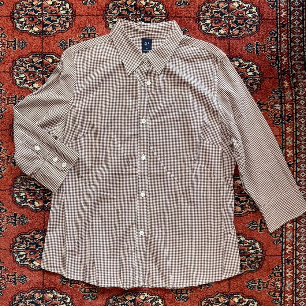 GAP 14 Brown/White Mini Gingham Super Smooth 3/4 Sleeve Button Front Blouse